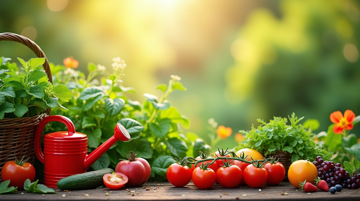 A wicker basket filled with fresh herbs sits alongside vibrant vegetables and fruits, with a red watering can nearby in a lush garden setting.