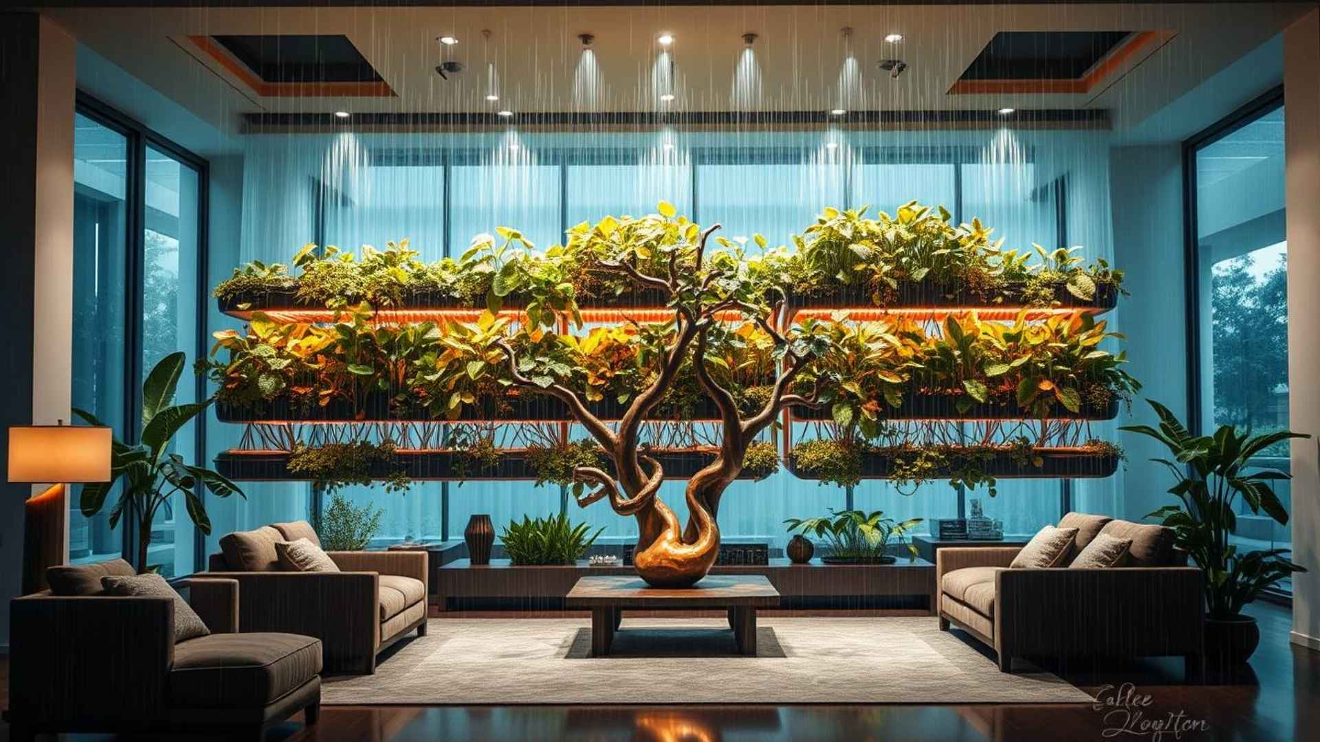 A modern indoor space with hydroponic plants, a sculptural tree, and comfortable seating. Serene elegance.