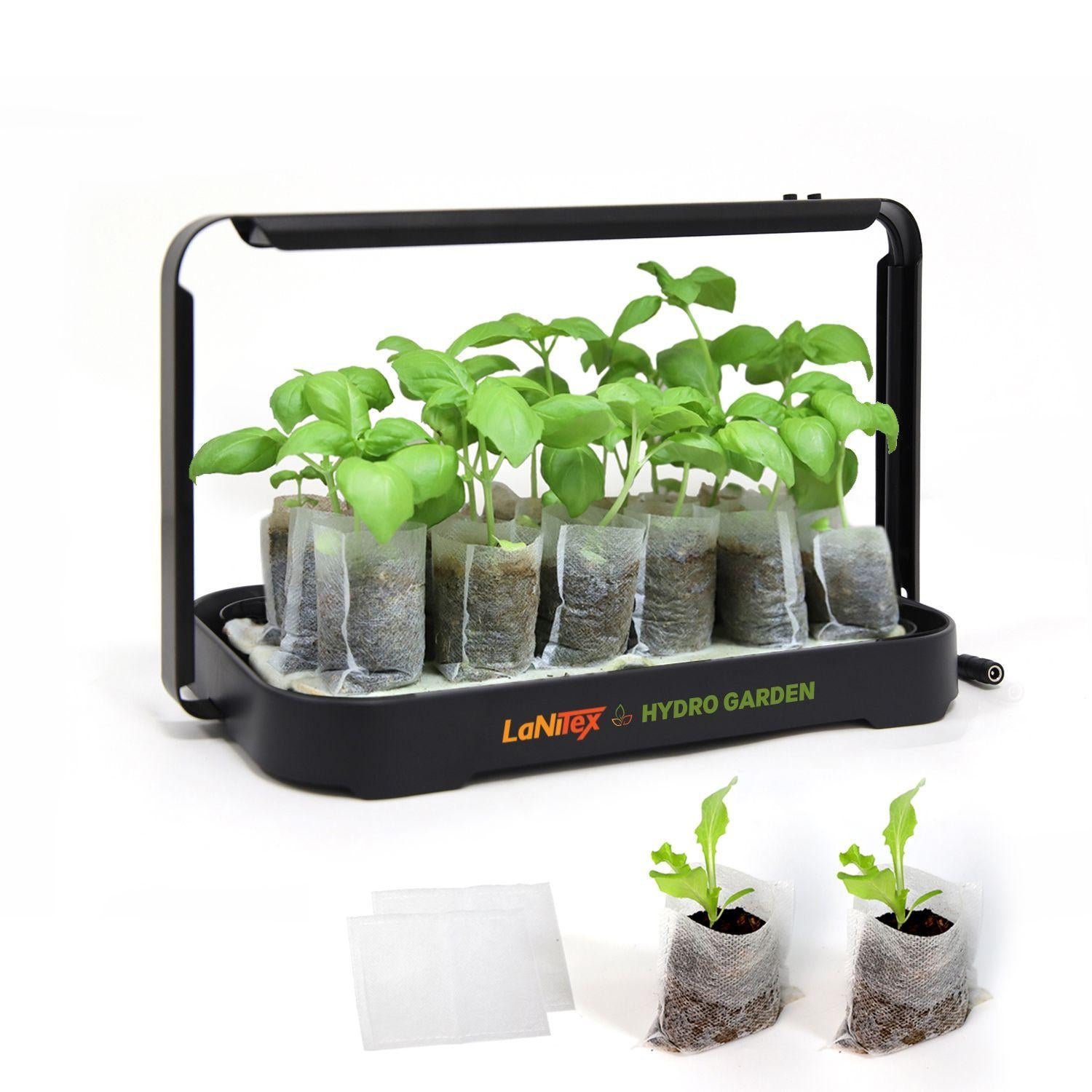 LaNiTex Hydro Garden with seedlings on a white background