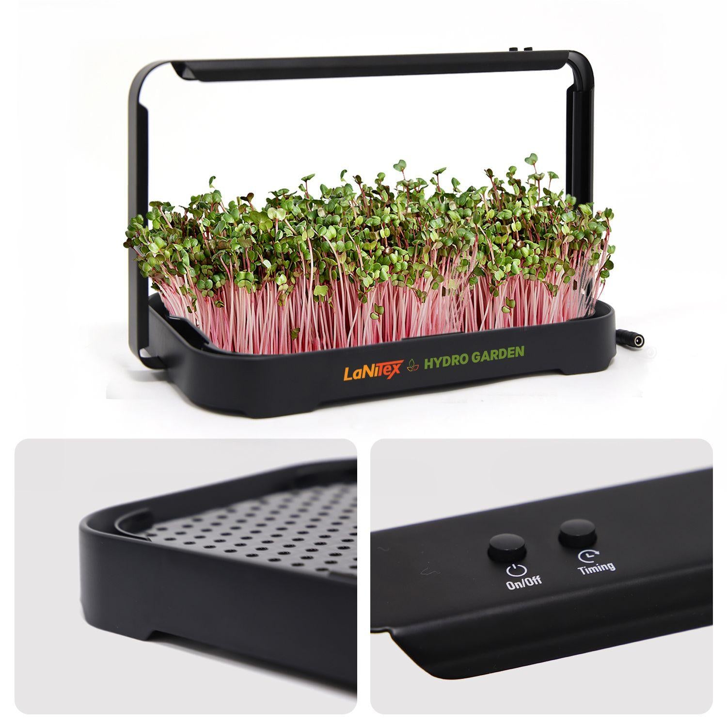 Radish microgreens in the LaNiTex kit, with close-ups of the tray and control buttons