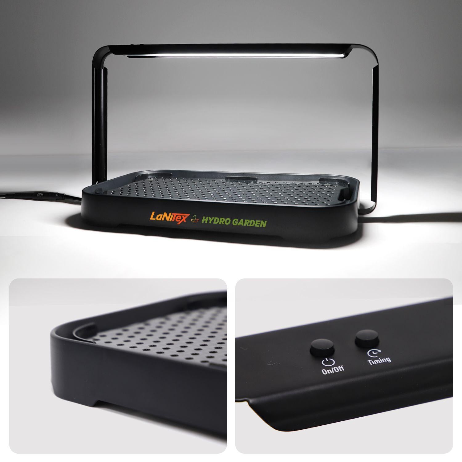 Black LED grow light with LaNiTex Hydro Garden branding on a gray background.