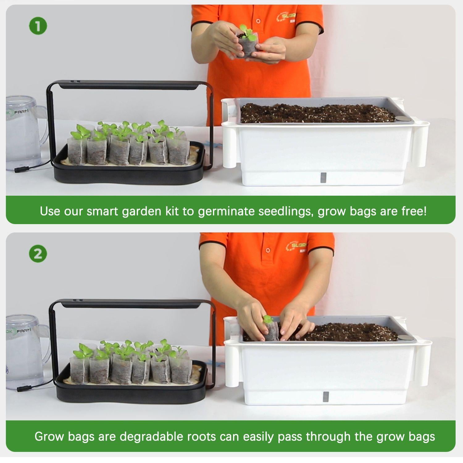 Person using a smart garden kit to germinate seedlings with text about free grow bags and degradable roots.
