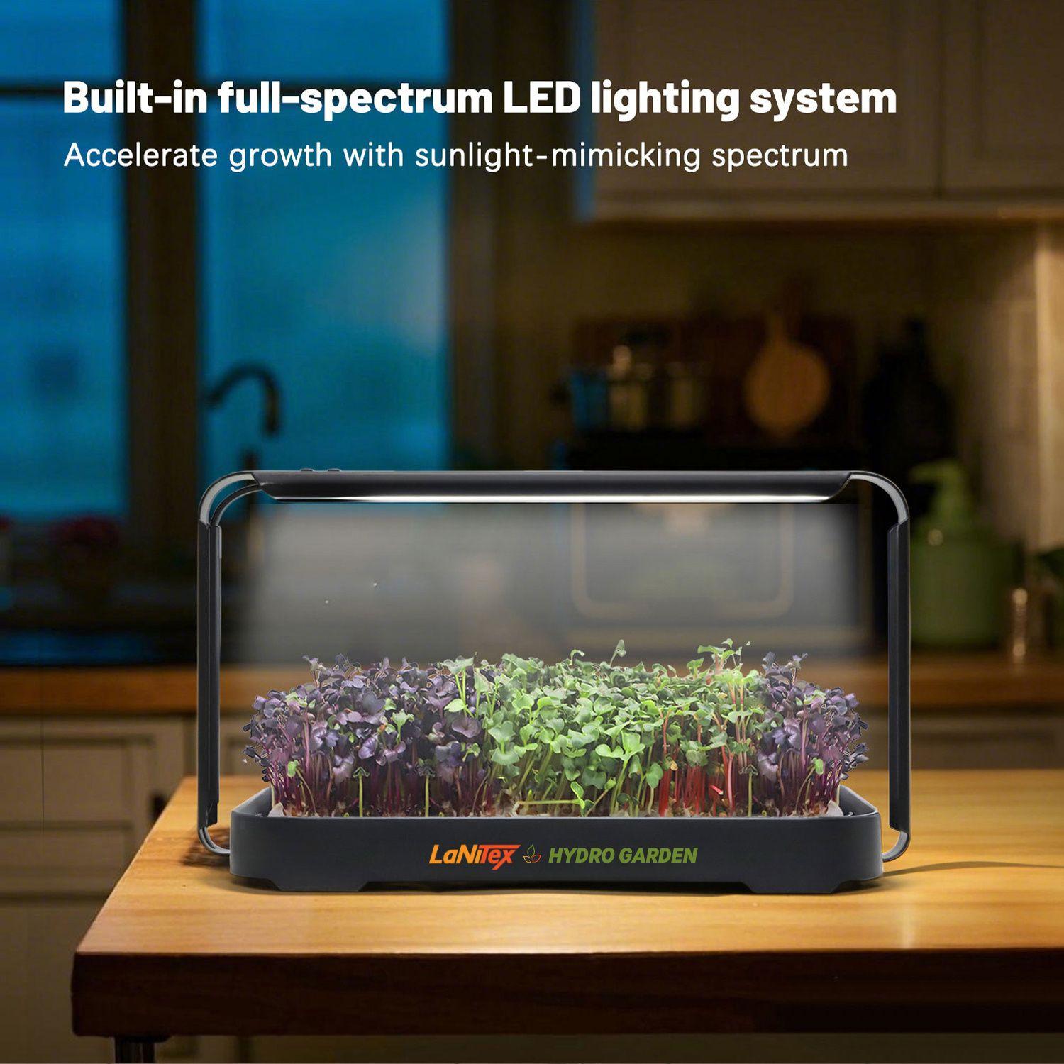 LaNiTex Hydro Garden indoor gardening system with LED lighting on a kitchen counter.