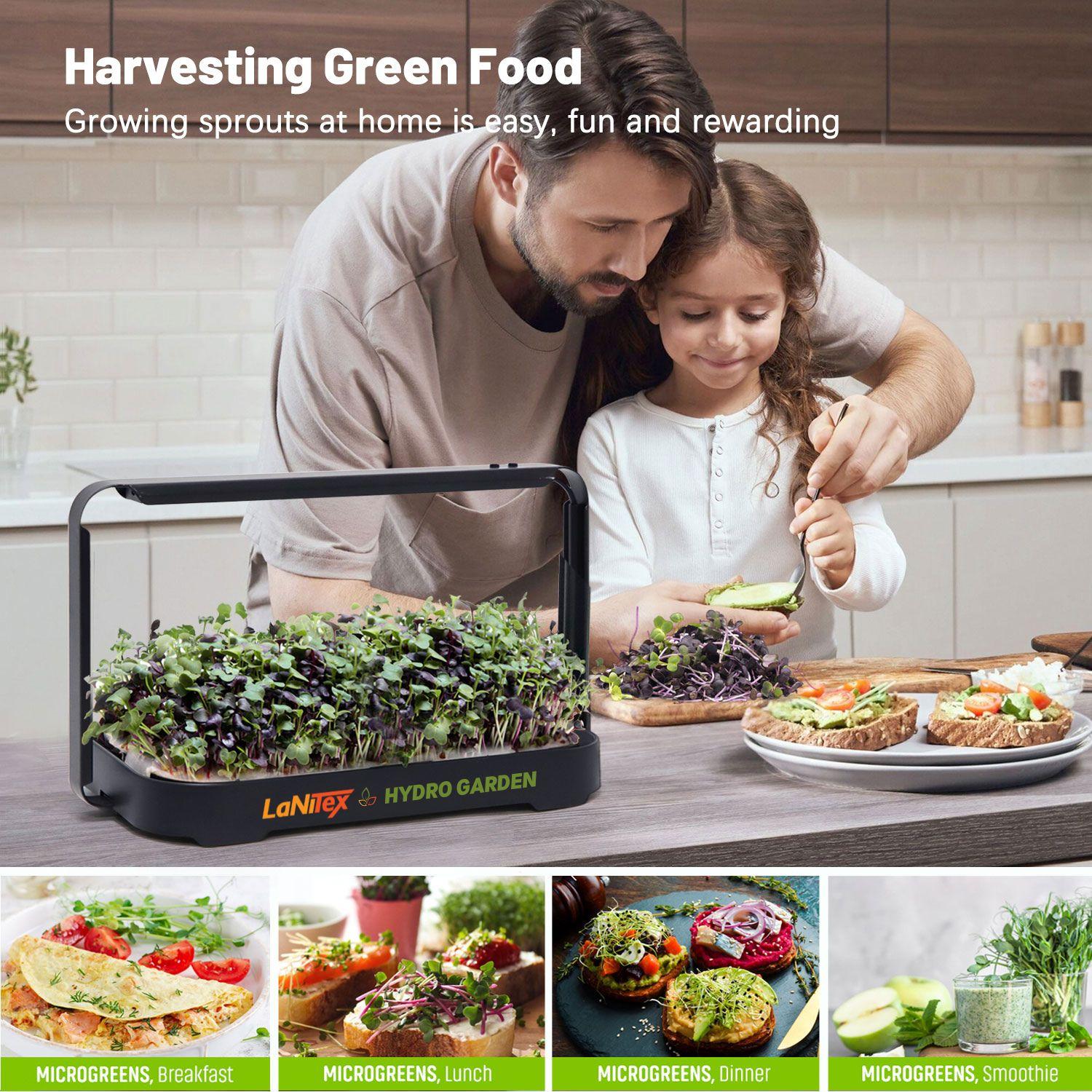 Man and child in a kitchen with a LaNiTex Hydro Garden displaying microgreens.