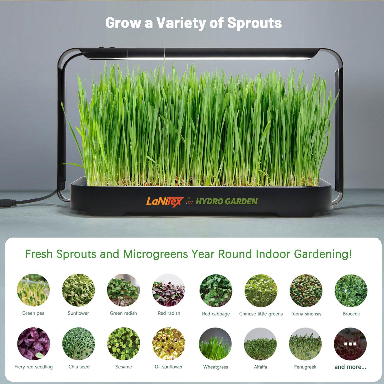 LaNiTex Hydro Garden with sprouts and promotional text on a gray background
