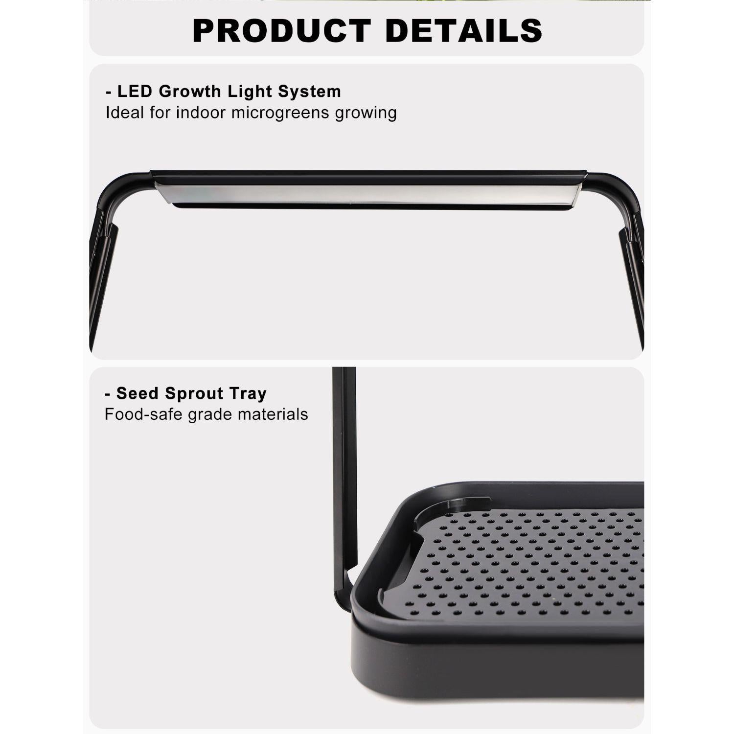 LED growth light system and seed sprout tray with product details on a white background