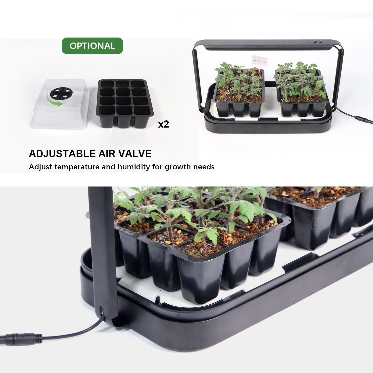 Gardening setup with seedling trays and adjustable air valve on a white background