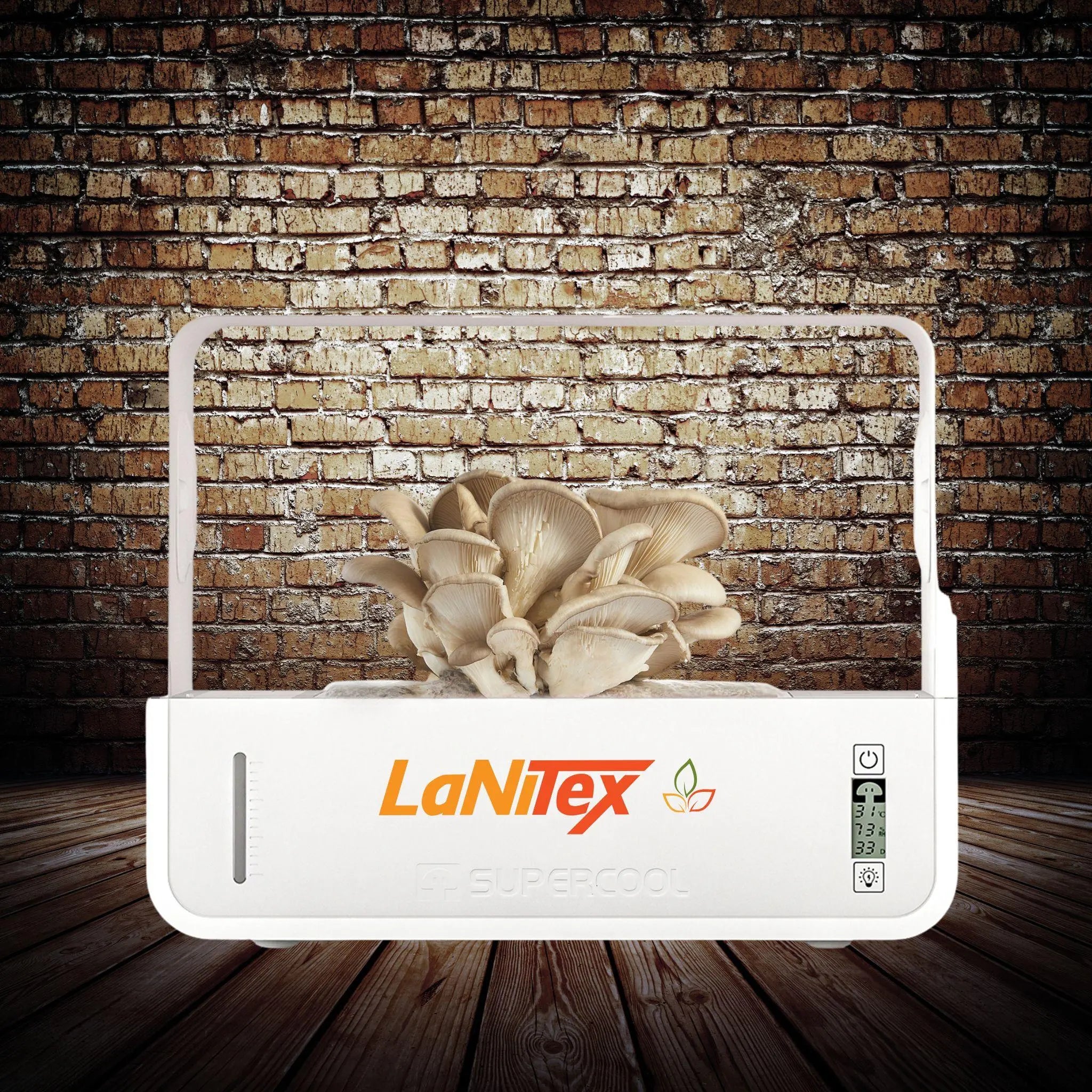 LaNitex indoor garden system with mushrooms on a brick wall background