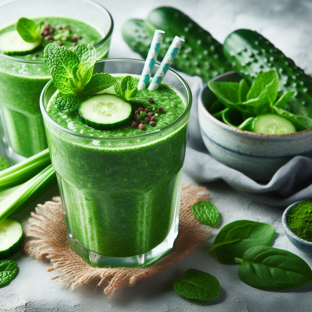 A refreshing mint-green smoothie blended with spinach and cucumber for a vibrant, nutrient-packed drink.