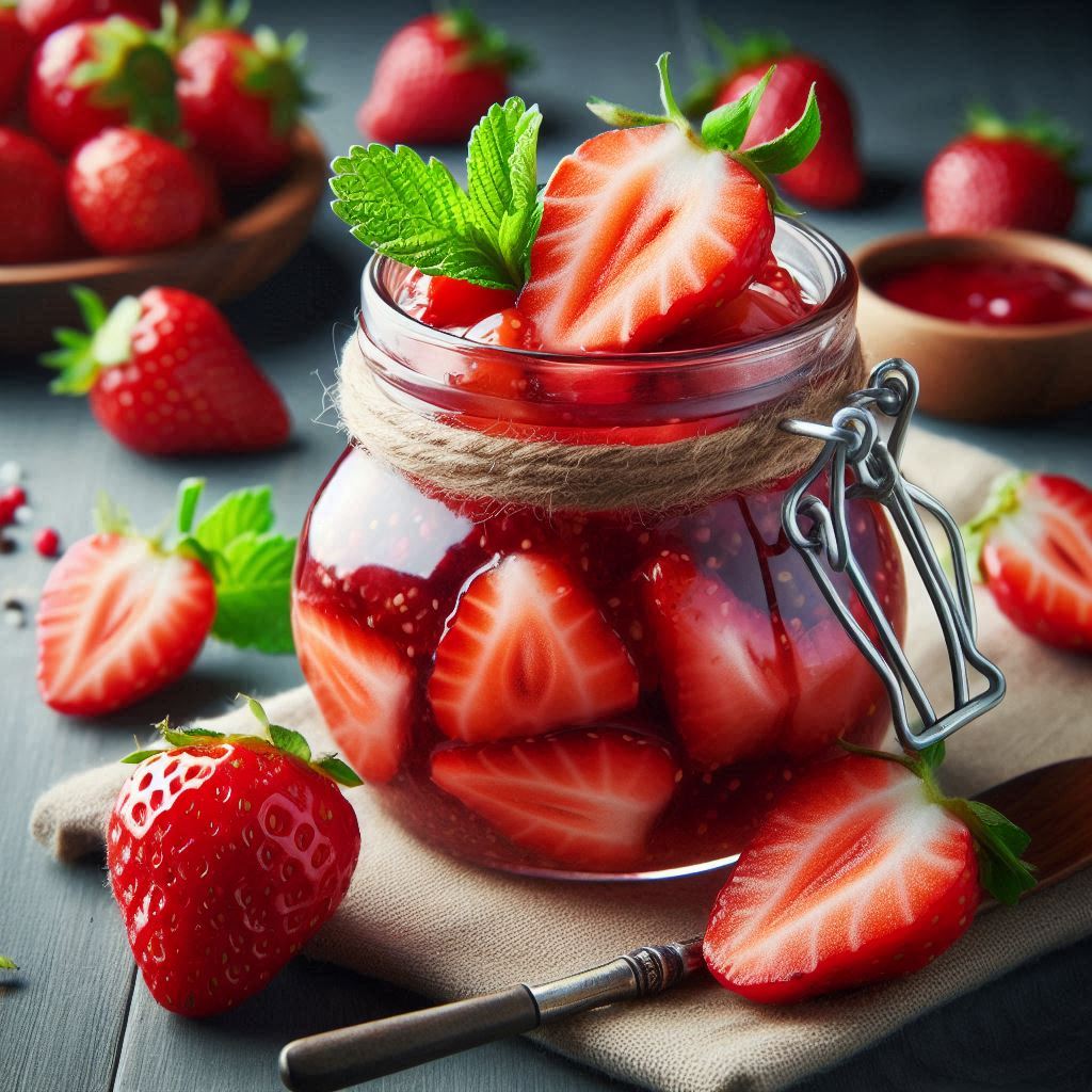 A jar of rich, red strawberry jam made from hydroponic strawberries, with fresh berries and a spoon nearby.