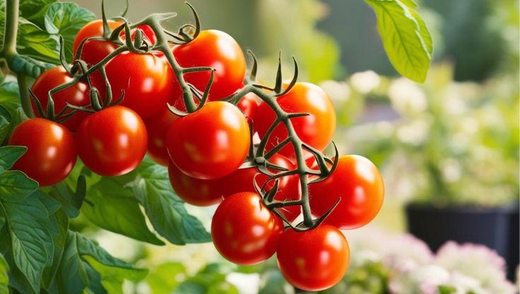 Ripe, red tomatoes clustered on the vine in a hydroponic growing system, their glossy skin and fresh green leaves showcasing soil-free cultivation.