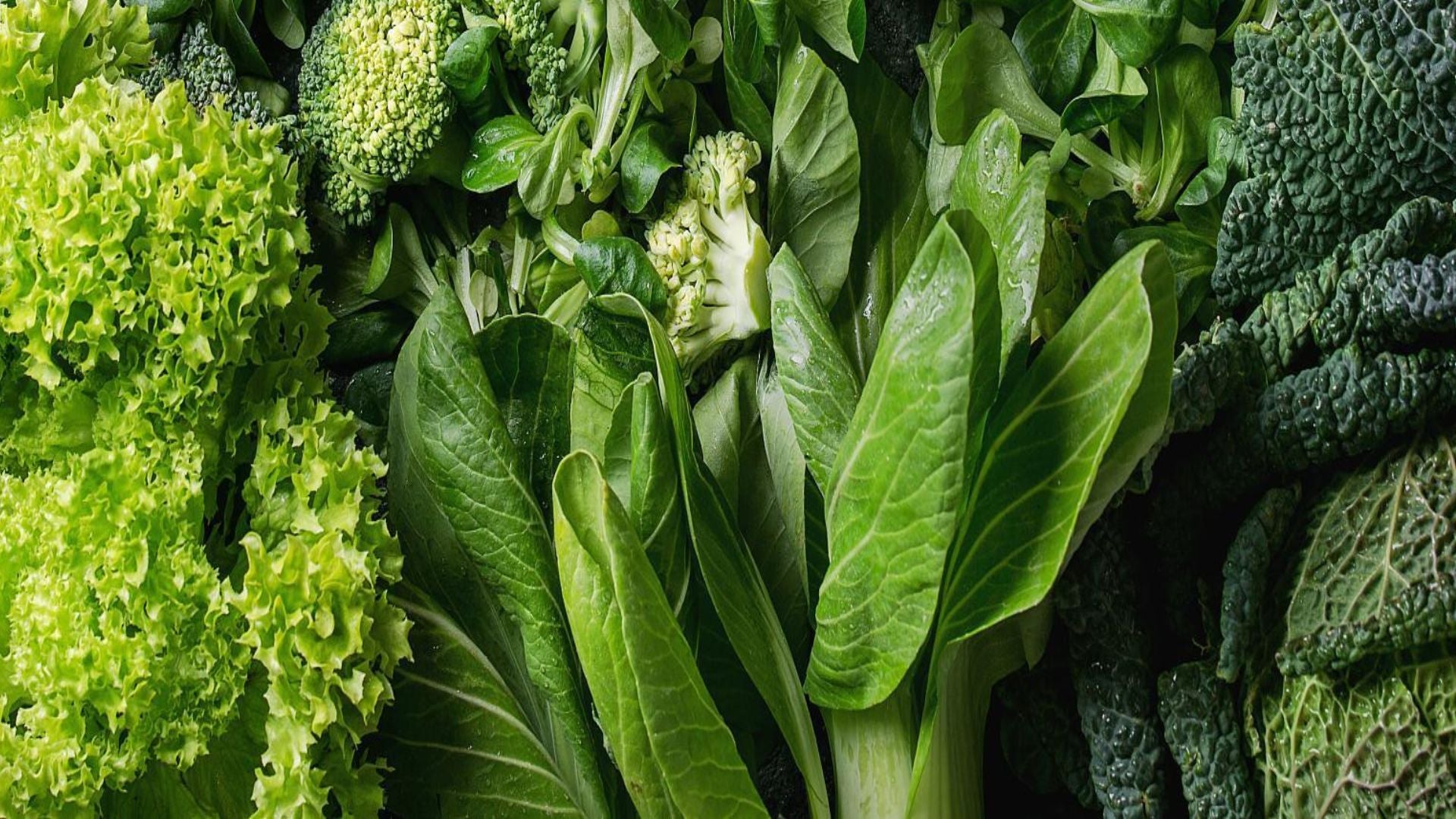 A colorful variety of fresh vegetables, including leafy greens, root crops, and ripe produce, arranged for display.