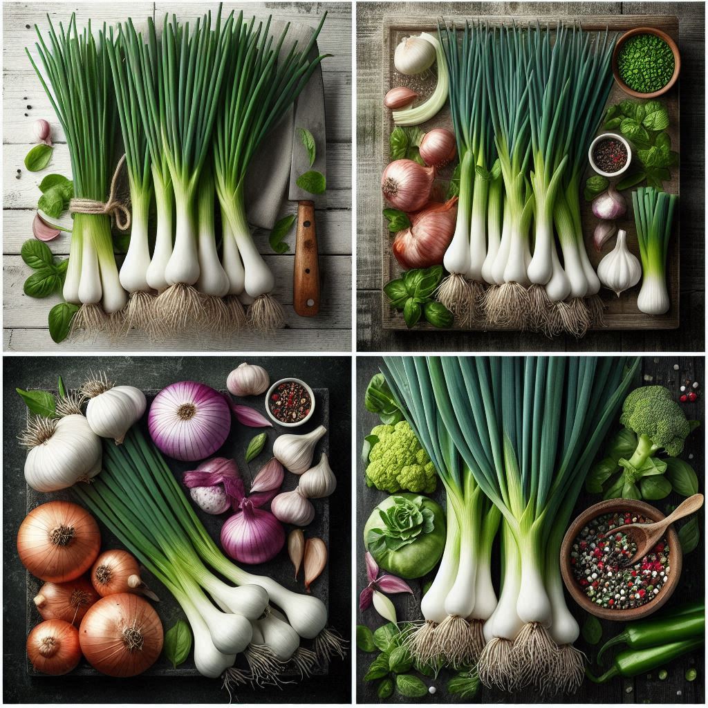 A vibrant collage showcasing three Allium vegetables—chives, spring onions, and leeks—each with distinct shapes and rich colors, perfect for cooking inspiration.