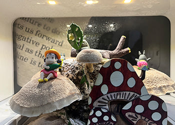 Decorative setup with small figurines and a polka dot mushroom on a shelf.