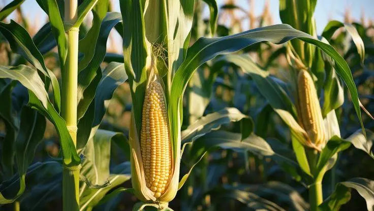 A close-up shot of several ears of yellow corn, partially husked, displayed on a rustic wooden surface. 