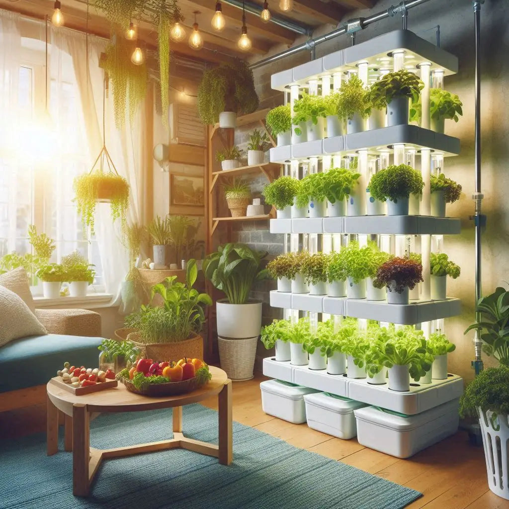 A cutting-edge hydroponic system showcasing vibrant, healthy plants growing without soil. The setup includes advanced nutrient delivery, efficient LED grow lights, and a controlled environment, highlighting the future of sustainable indoor gardening.