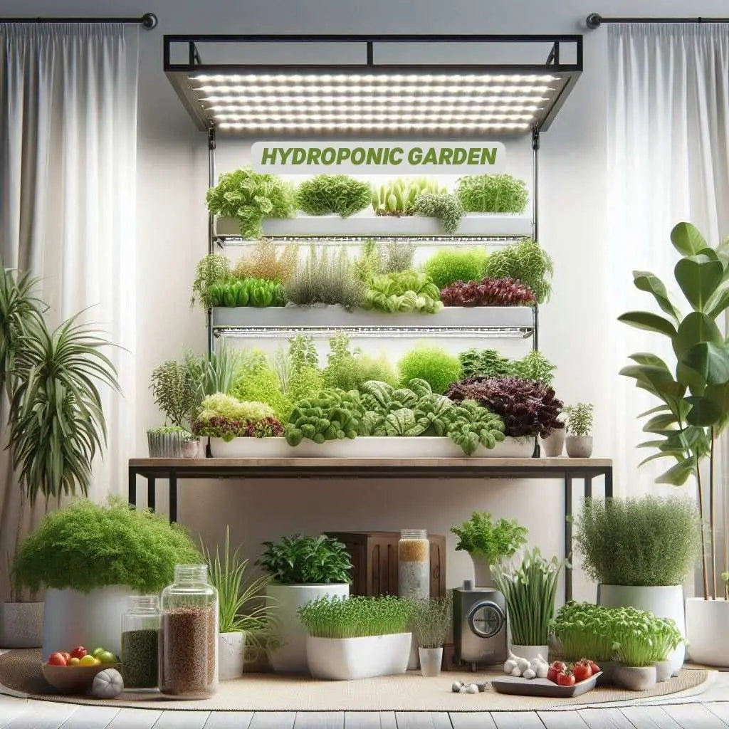 An indoor hydroponic garden setup featuring multiple tiers of lush leafy greens and herbs growing under LED lights.