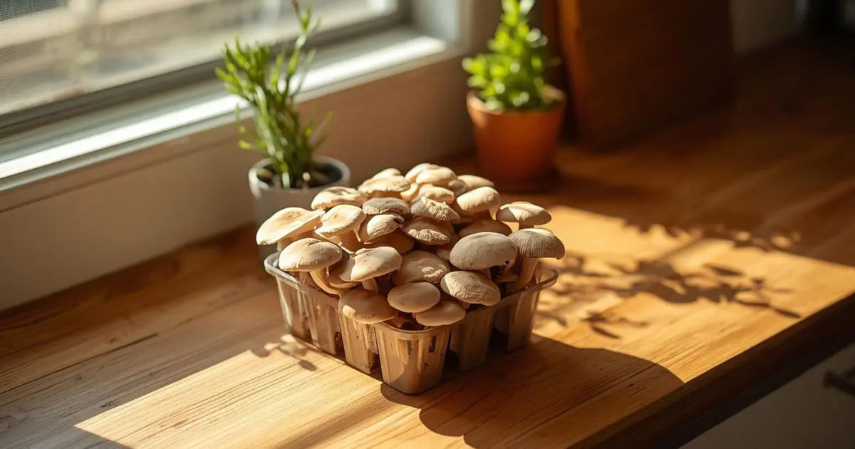 Mushroom growing kit on Australian kitchen bench with fresh oyster mushrooms fruiting in warm morning light