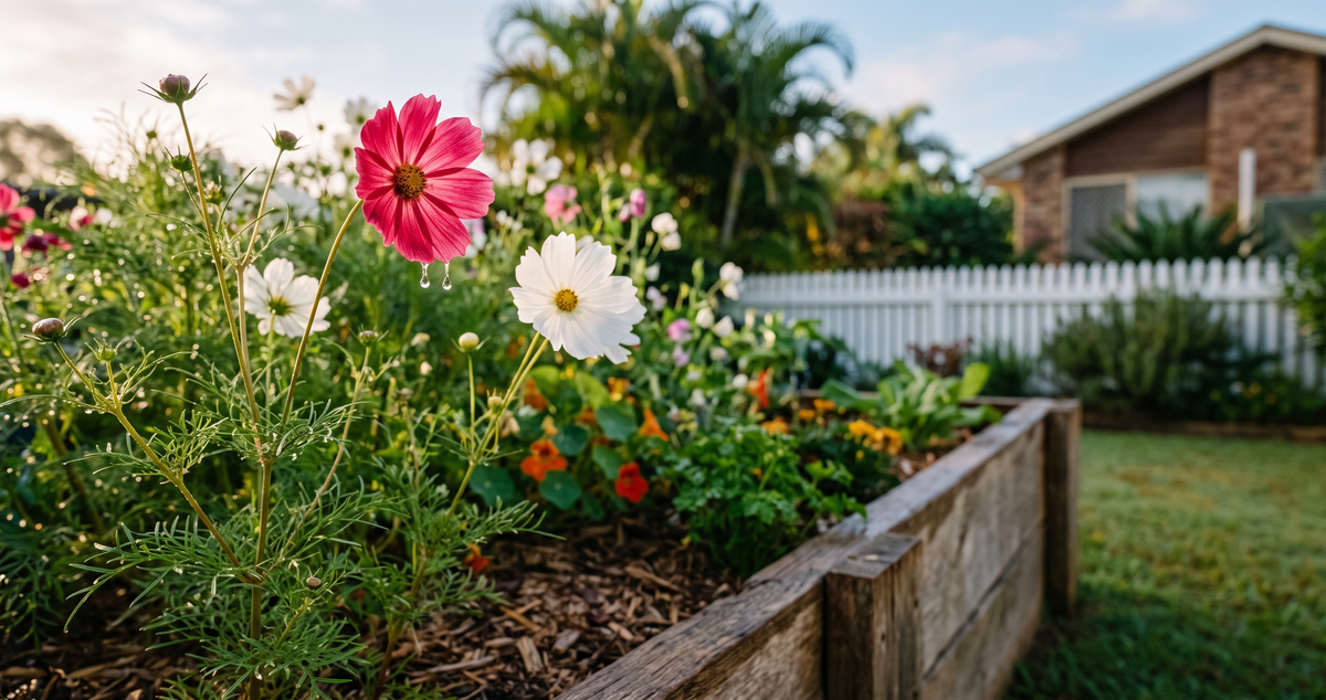 Cosmos flowers blooming in white and crimson in a Sunshine Coast garden bed at golden-hour morning