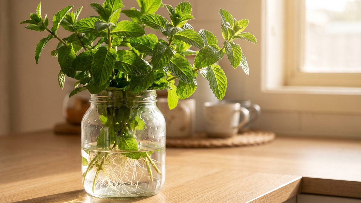 Fresh mint growing hydroponically in a glass jar of water on a kitchen bench in Australia