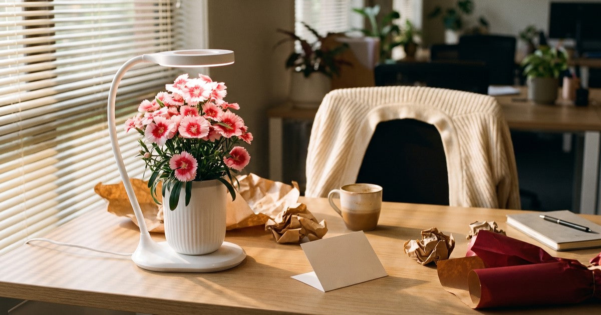 Secret santa gift ideas: a LaNiTex Mini Grow Pot flowering on an office desk beside torn gift wrap and a blank card