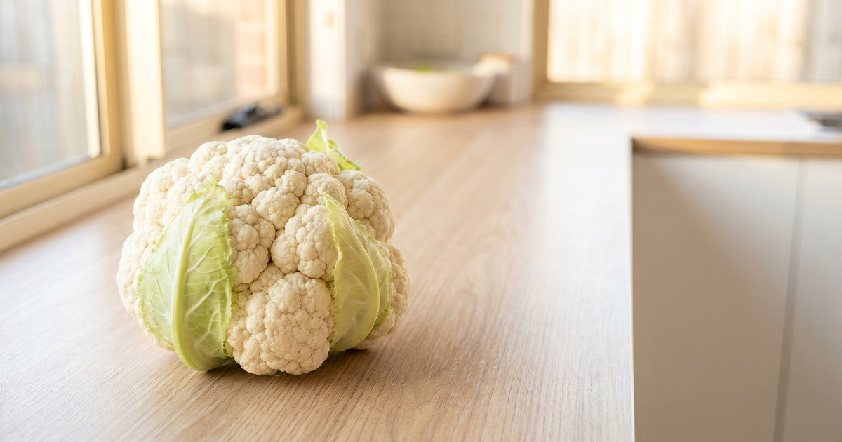 Fresh whole white cauliflower head with green leaves on a bright kitchen counter