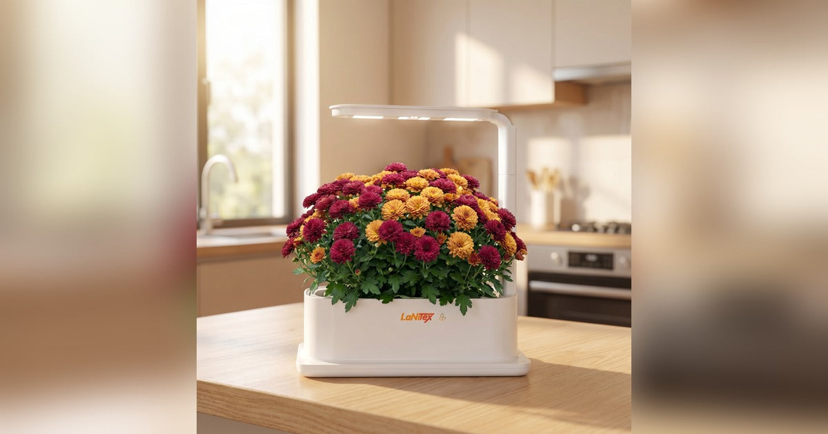 Chrysanthemums growing in a LaNiTex Desktop Grow Box on an Australian kitchen bench