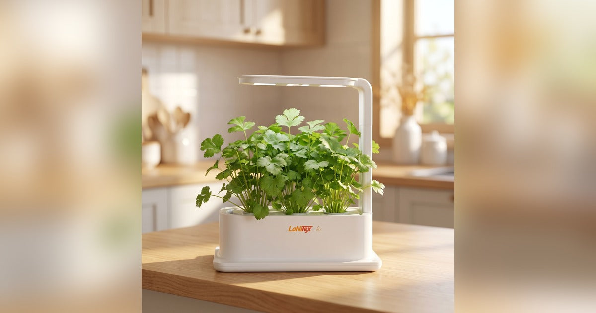 Fresh coriander growing in a LaNiTex Desktop Grow Box on an Australian kitchen bench