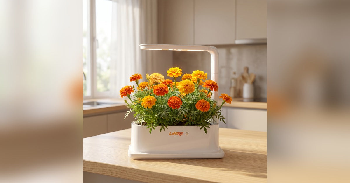 Marigolds growing in a LaNiTex Desktop Grow Box on an Australian kitchen bench