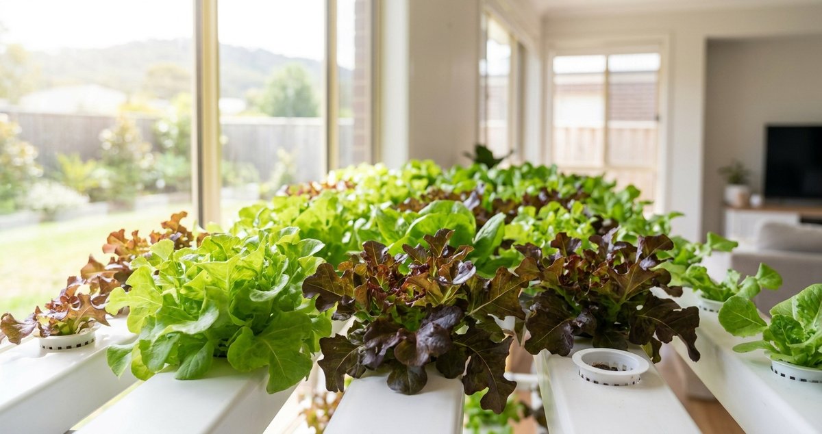 Green and red oakleaf lettuce growing in a home hydroponic system in Australia