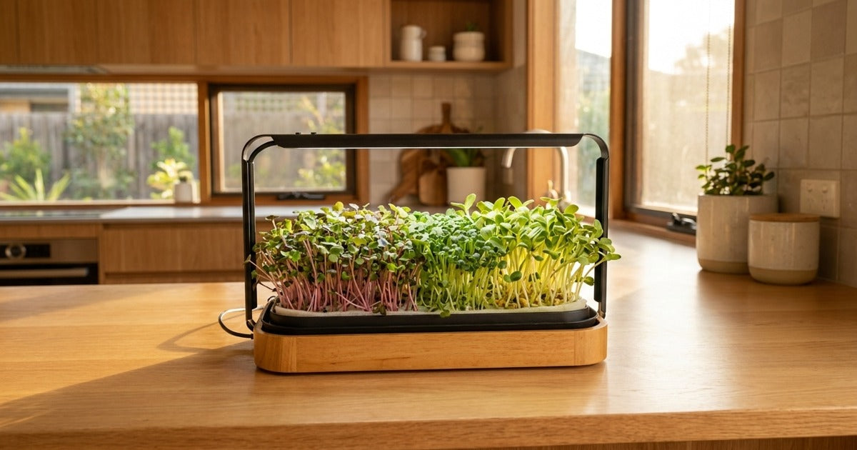 Smart Microgreen Kit growing radish, broccoli and sunflower microgreens at home on an Australian kitchen bench