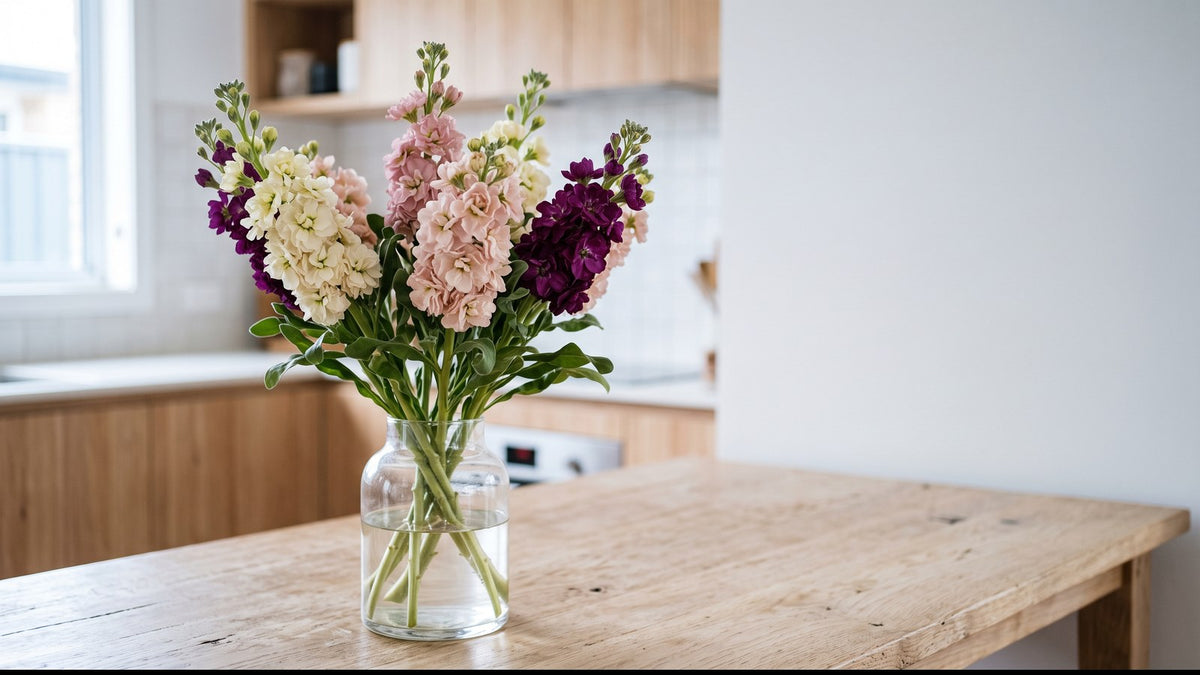 Freshly cut stock flowers (Matthiola incana) in cream, pink and purple in a glass jar on a kitchen bench
