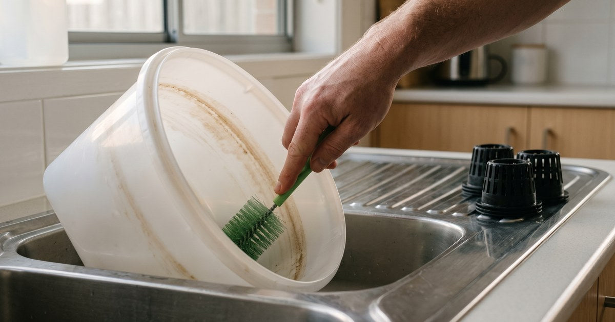 Hands scrubbing an emptied hydroponic system tank at a sink during a between-crop clean