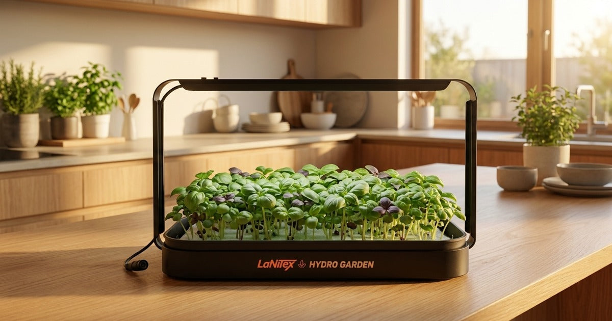 Green and purple basil microgreens growing in a LaNiTex Smart Microgreen Kit on a Sunshine Coast kitchen bench