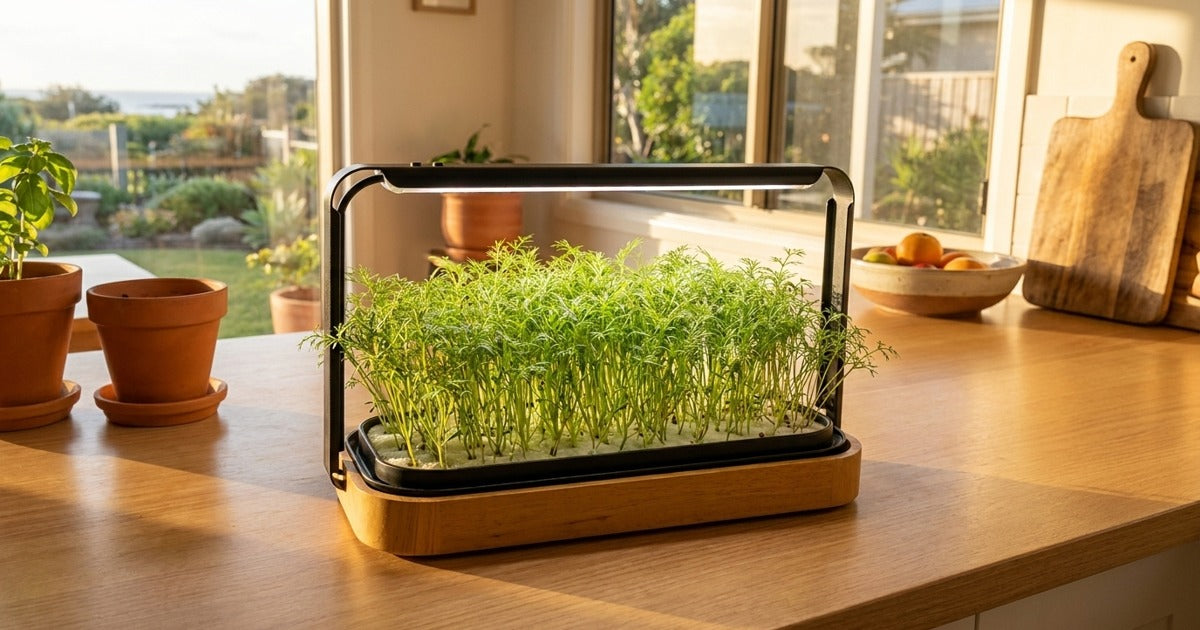 A LaNiTex Smart Microgreen Kit growing a tray of fine feathery carrot microgreens on a sunlit Australian kitchen bench