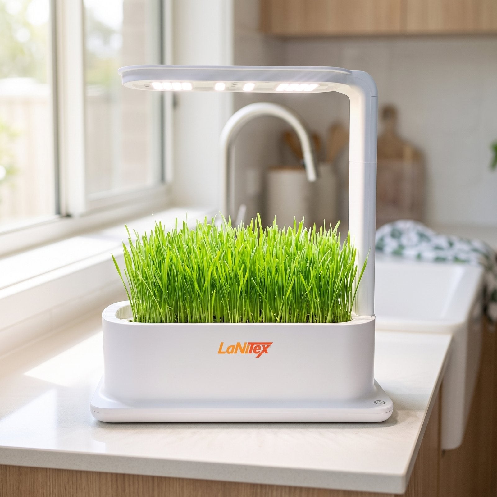 LaNiTex Desktop Grow Box growing a lush tray of fresh green cat grass on a kitchen benchtop
