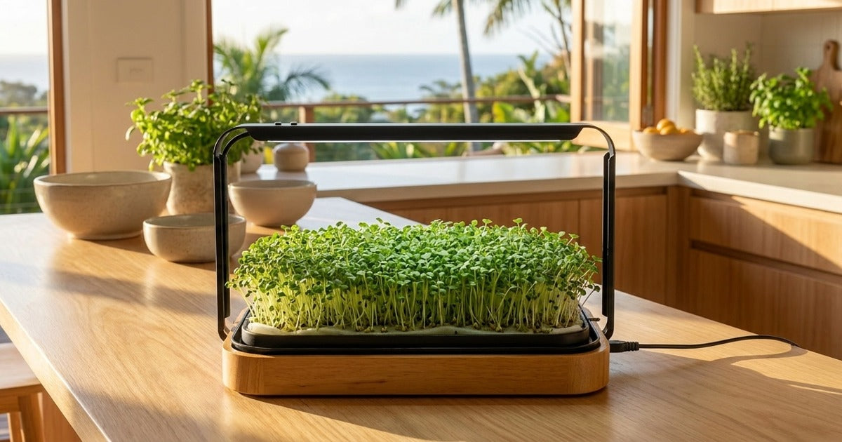 Chia microgreens growing in the LaNiTex Smart Microgreen Kit under an arched LED light on an Australian kitchen bench