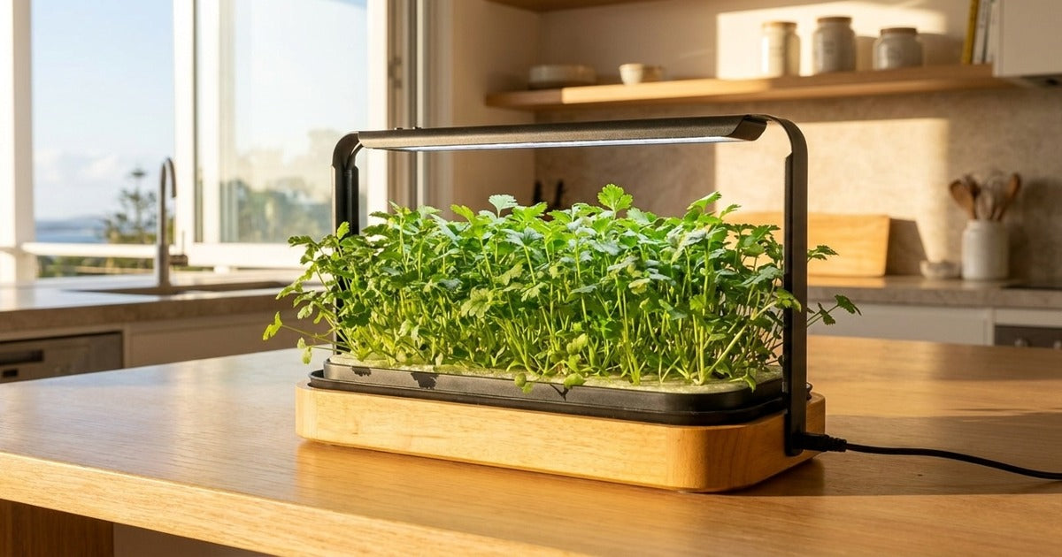 Fresh coriander microgreens harvest in LaNiTex Smart Microgreen Kit on Sippy Downs kitchen bench at 14-30 days.