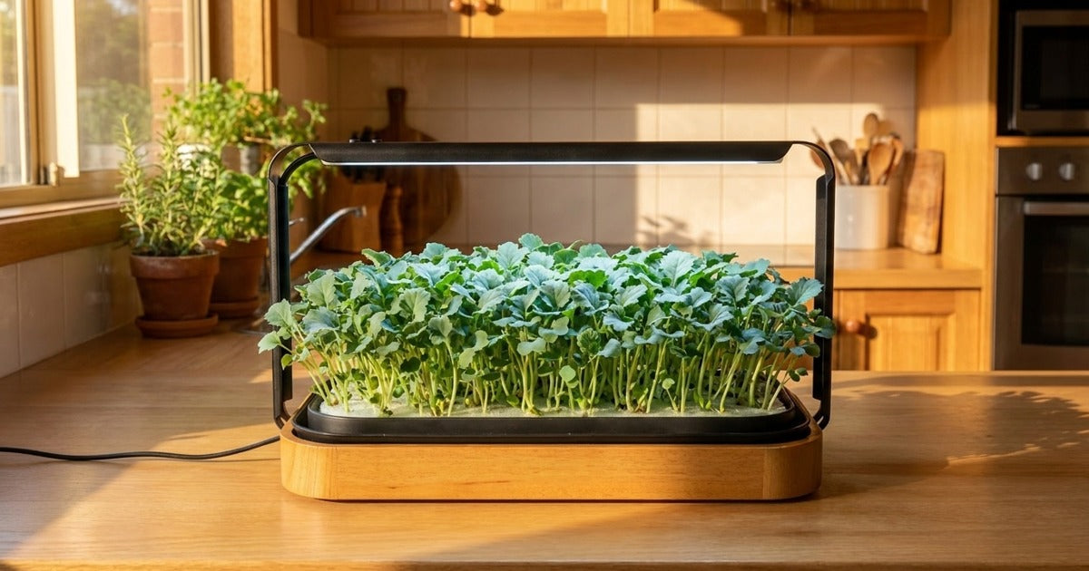 Kale microgreens growing in a wooden Smart Microgreen Kit on an Australian kitchen bench