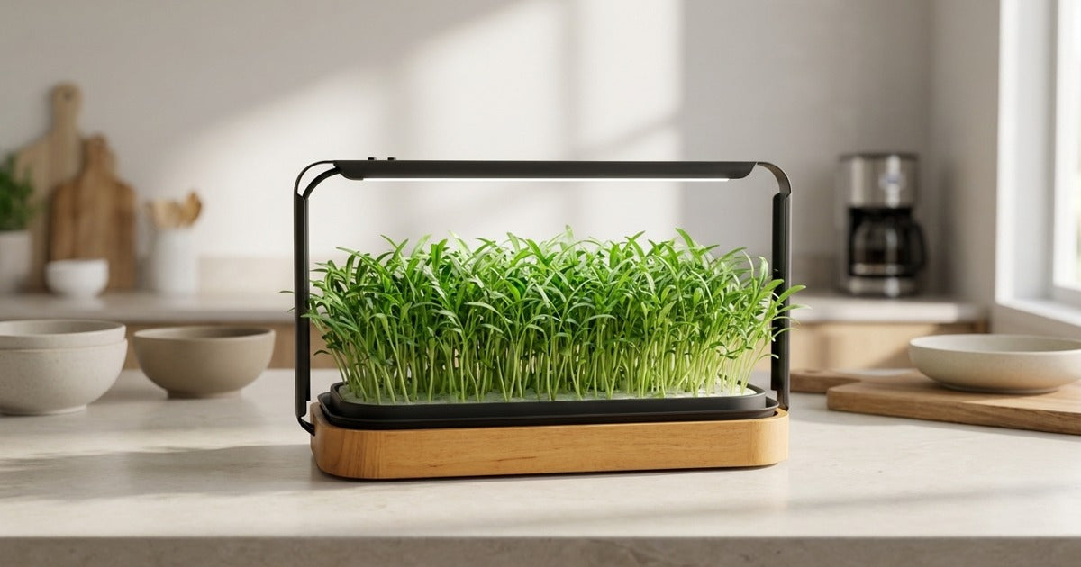 LaNiTex Smart Microgreen Kit growing a lush tray of mibuna microgreens on a bright kitchen bench