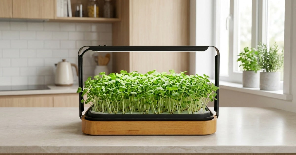 How to grow mustard microgreens in Australia: Smart Microgreen Kit on kitchen bench with harvested Brassica juncea tray