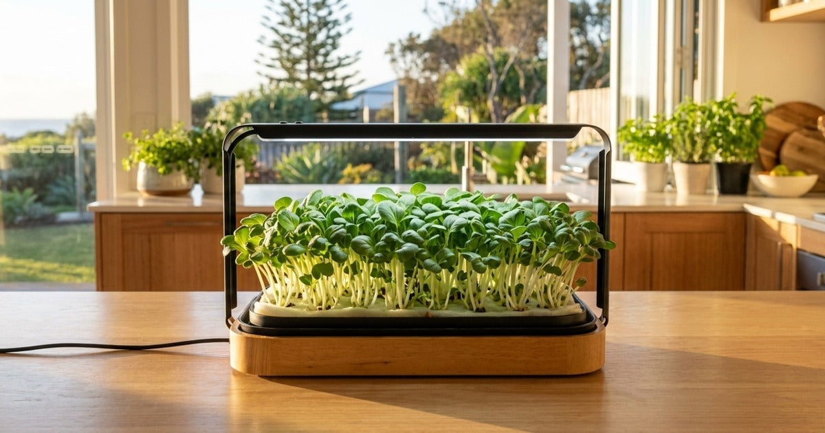 Bok choy (pak choi) microgreens growing under an LED grow light in the LaNiTex Smart Microgreen Kit on an Australian kitchen bench
