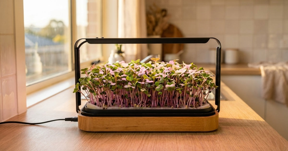 How to grow radish microgreens in Australia -- dense 5-day tray ready to harvest on a Sunshine Coast kitchen bench