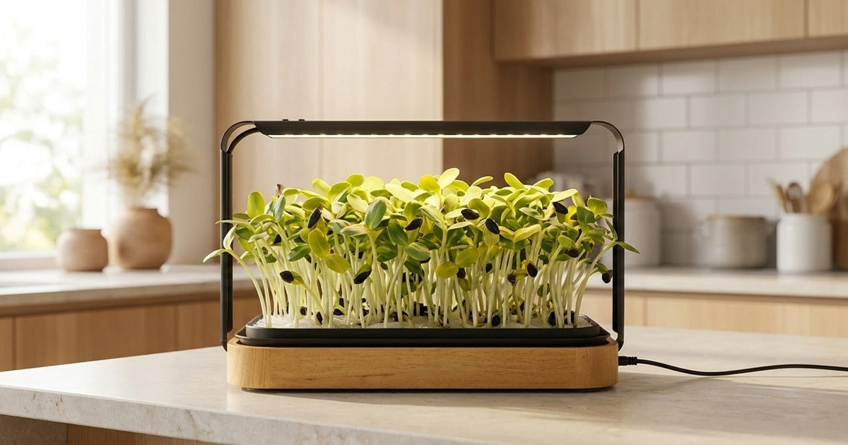 Sunflower microgreens at the two-leaf stage growing in a Smart Microgreen Kit on a Sunshine Coast kitchen bench.