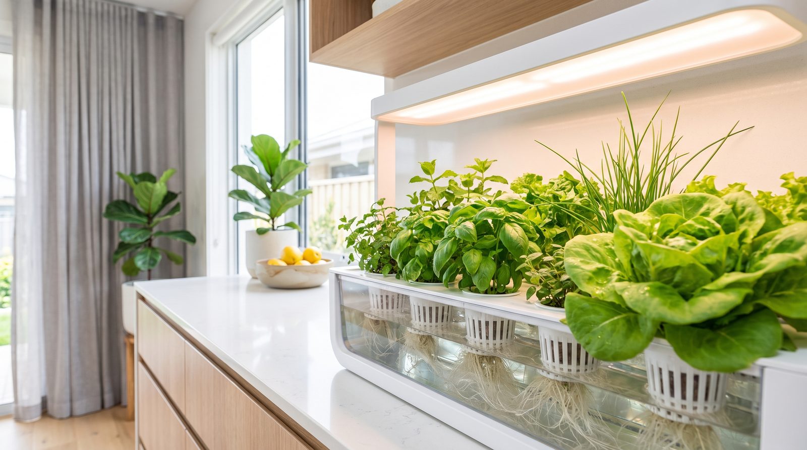 Indoor hydroponic system growing fresh lettuce, basil and herbs on a kitchen benchtop in an Australian home