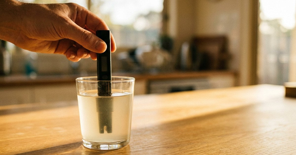 Hand checking hydroponic pH and EC with a digital pen tester in a glass of nutrient water on a kitchen bench