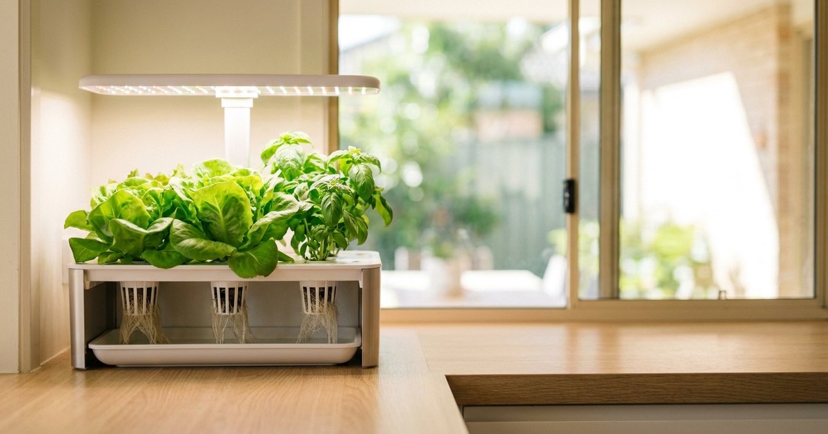An indoor hydroponic system growing lettuce and basil under an LED grow light on an Australian kitchen bench
