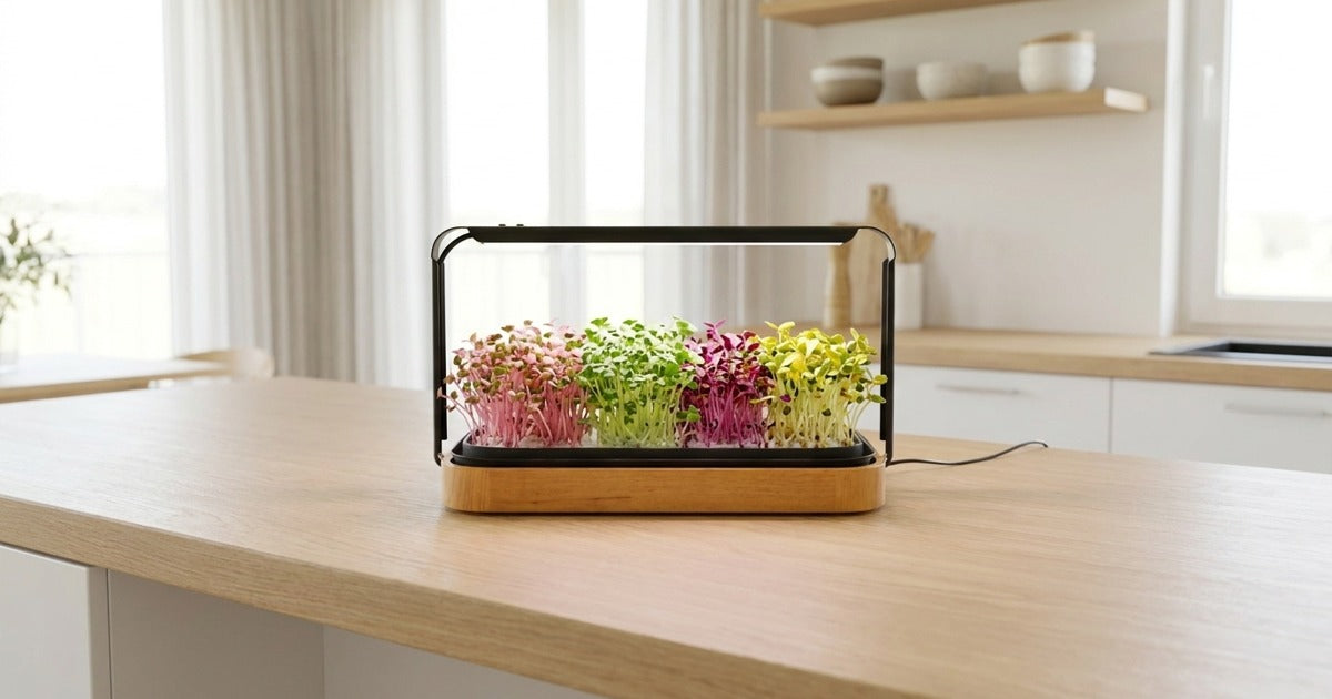 26 microgreen varieties chooser guide for Australian home growers, with broccoli, radish, sunflower, and Asian greens shown in trays