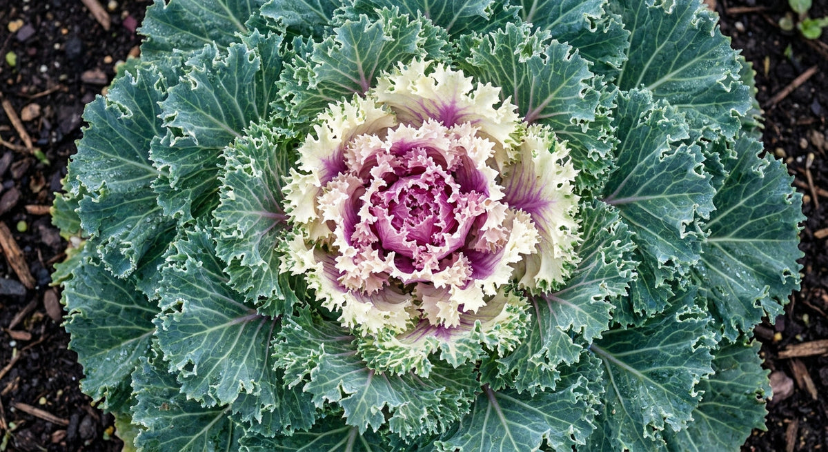 Ornamental kale rosette with a frilled magenta and cream centre ringed by green outer leaves