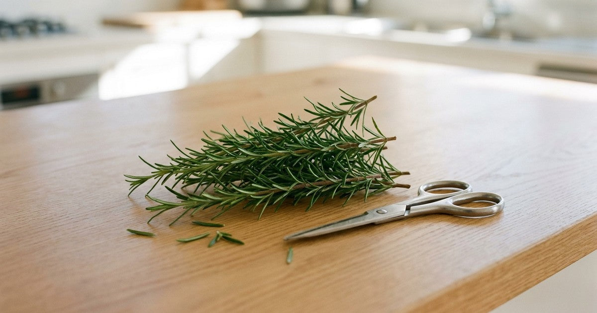 Freshly cut hydroponic rosemary sprigs and kitchen scissors on a light timber bench